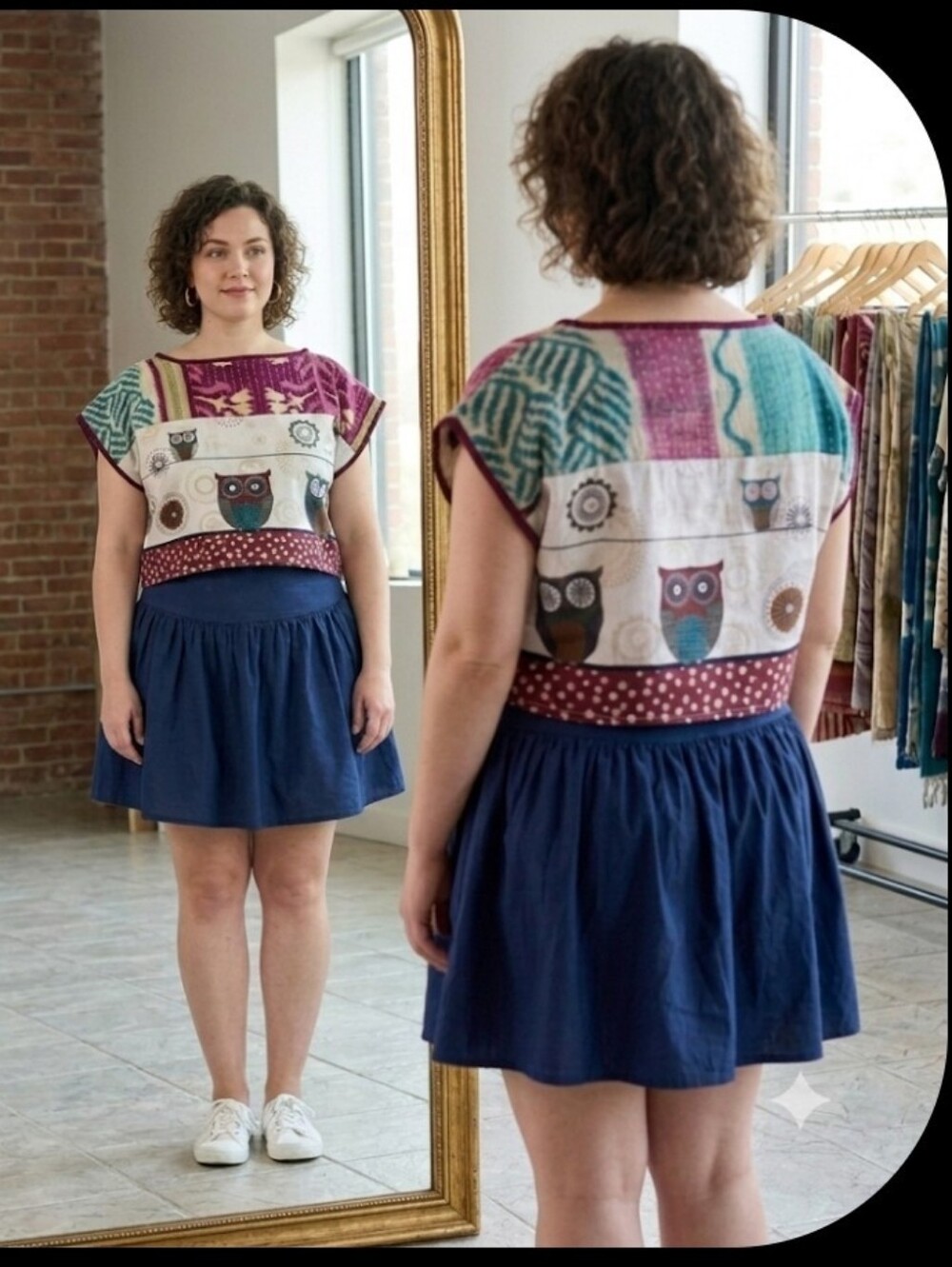 Upcycled Kantha & Owl Crop Top XL Handmade Dont Throw It Out